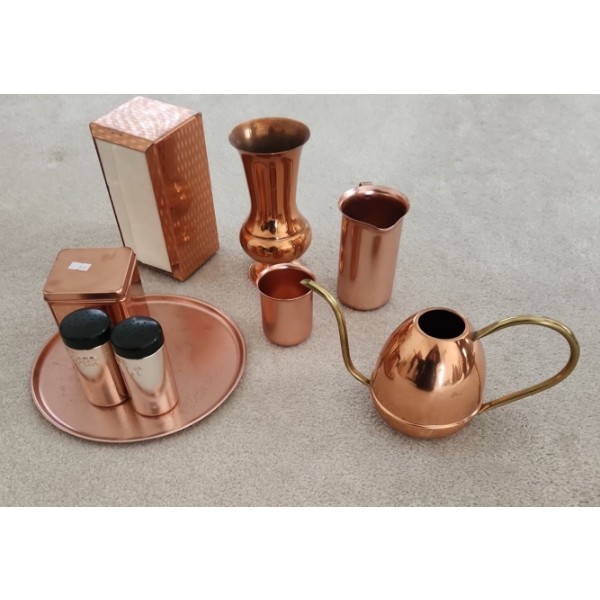 Copper Decor: Vase 4" Diameter Top, 7 T, Watering Can (Some Copper Colored Metalware Tray, S&P, Tin)