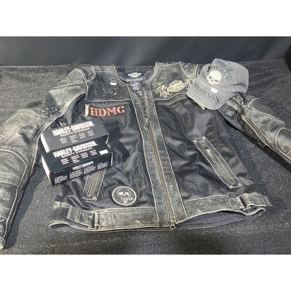 Harley Davidson: Black Leather Jacket Size Large, Baseball Hat and Safety Eyewear