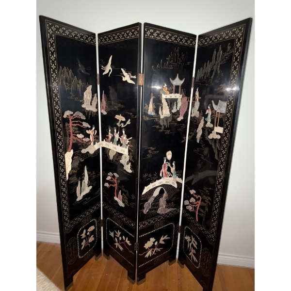 Stunning Four-Panel Carved Soapstone Coromandel Screen 64x72 