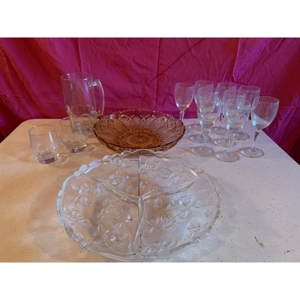 Serving Wear Lot, two crystal serving dishes, wine glasses and mugs