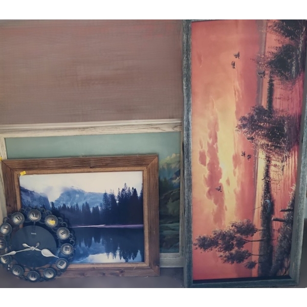 "Elektrik" Clock 14" Diameter, Framed Poster Boards: Sunset 41 X 18, Mountain 32 X 26, Lake 24 X 21 