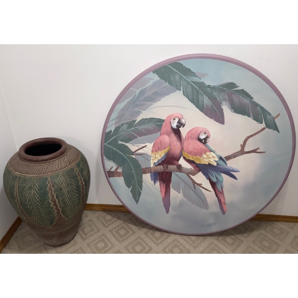 XL Stoneware Tribal Vase 24T w/ Round Oil On Canvas Parrot Wall Art 