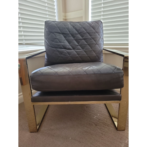 Modern Genuine Leather Arm Chair w/ Brass Base & Embelishments 28x41x33