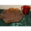 Image 2 : Pansy Low Ruffled Bowl Lavender Carnival Glass(Small Chip) & Red Imperial Mug