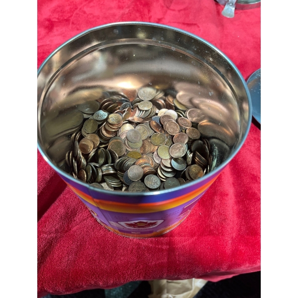 Tin of Canadian and American Pennies