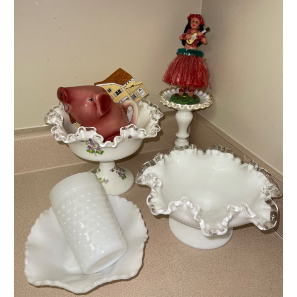 Assorted Milk Glass Pieces w/ Hula Dance Girl & Glass Pig