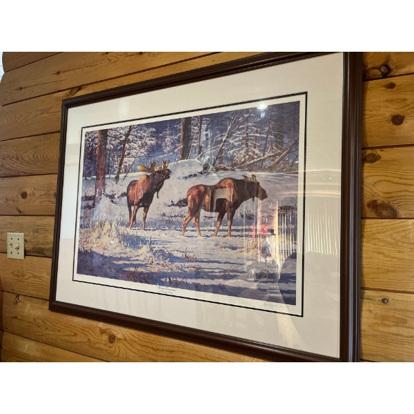 Beautiful cow and bull moose, print, “Winter Encounter “ framed and matted by Dwayne Hardy 42” wide 