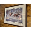 Image 1 : Beautiful cow and bull moose, print, “Winter Encounter “ framed and matted by Dwayne Hardy 42” wide 