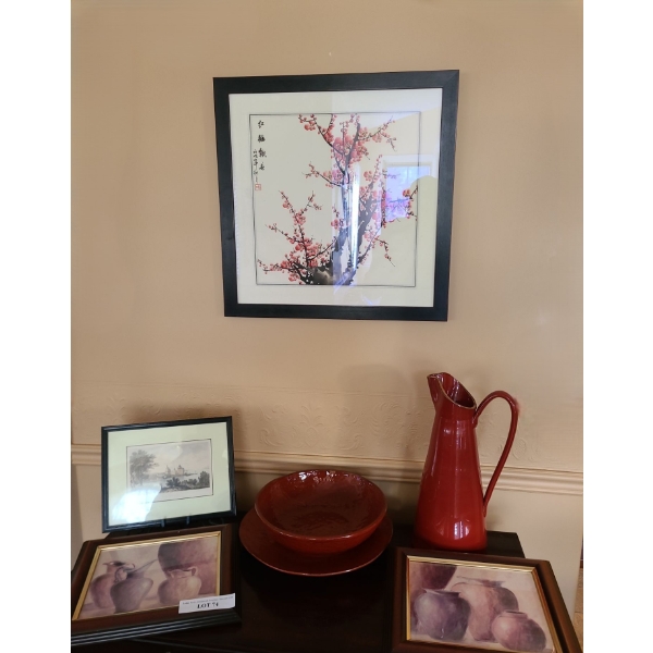 Italian Red Glazed Pitcher, Bowl & Plate, Asian Wall Decor 22 w 22 h & Asst Framed Prints 