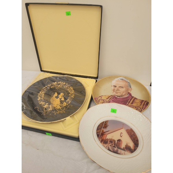 Three Commemorative Plates with Box Featuring Religious Themes and Designs