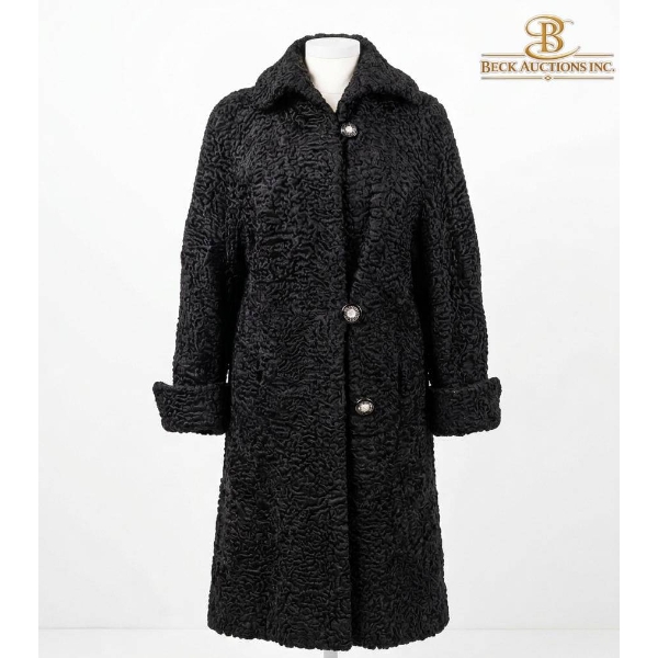 Women's Black Persian Lamb Coat with Button Closure