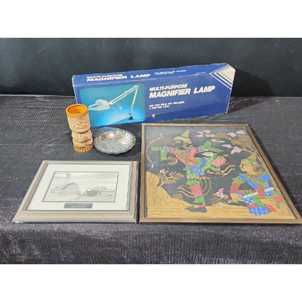2 Framed Art Selections , MCM Shell Tray, Tiki Cup and Magnifier Lamp
