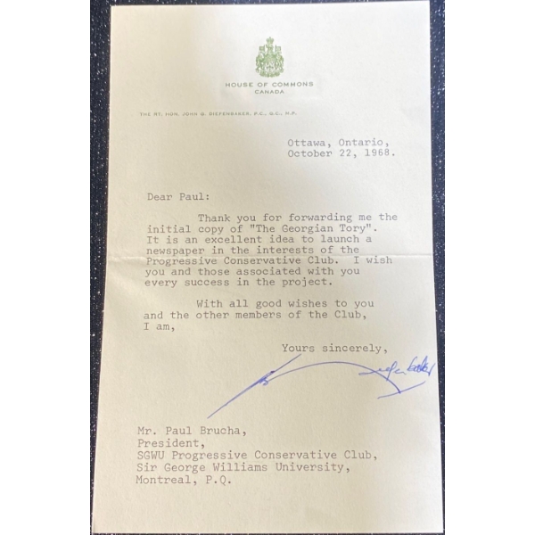 Authenticated John Diefenbaker Hand Written Signature Typed Letter House of Commons Stationary