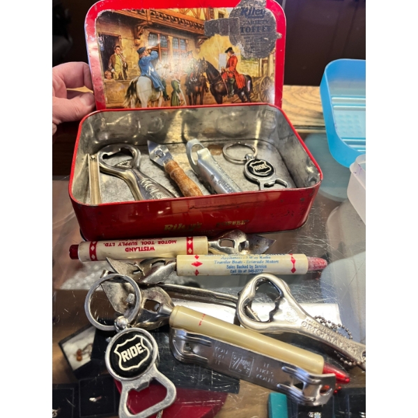  Old tin container, Ryley variety toffee made in England with large assortment of bottle openers. 