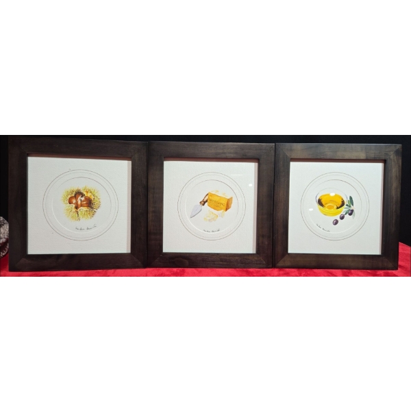 3 Framed Food Drawings ( Mushrooms, Cheese, Olive Oil)