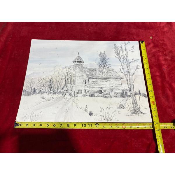 Church Sketch by Rand Butcher 20" x 15" Inches (No Frame)