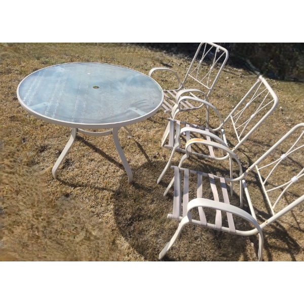 Outdoor Metal and Tempered Glass Table 42" Diameter, 29 T and 3 Chairs 23 W, 24 D, 36 T