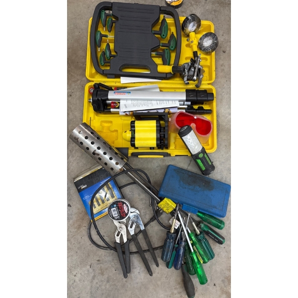 Prime Grip Laser Level Kit, Tiger Torch, Work Light, Screw Extractor Set, Pliers, Wrench