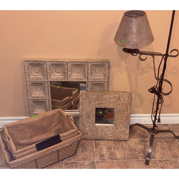 Decorative Metal Floor Lamp, Two Framed Mirrors, and Three Burlap Storage Baskets