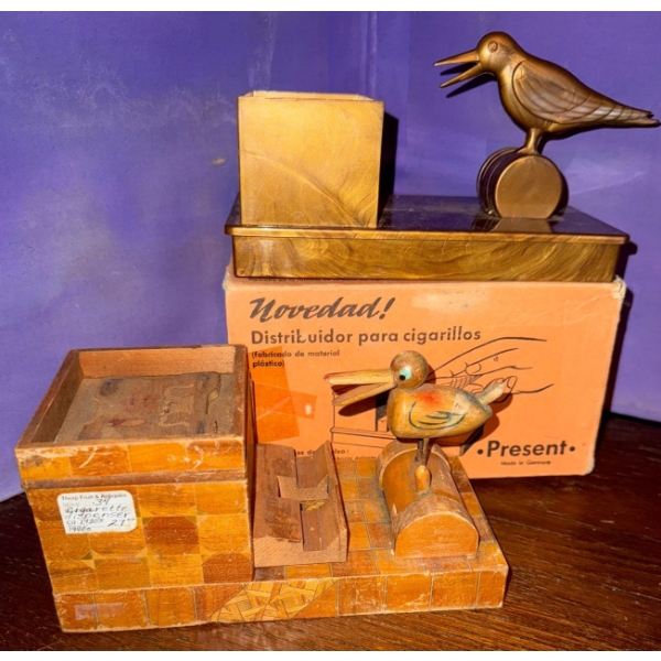 Two Vintage Cigarette Dispensers- One Wood, One Plastic Inlay (1940's)