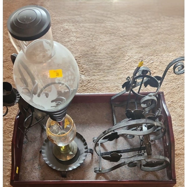 Vintage Wine Pourer 19 T and Wine Bottle Holders, Includes Tray 20.5 X 14