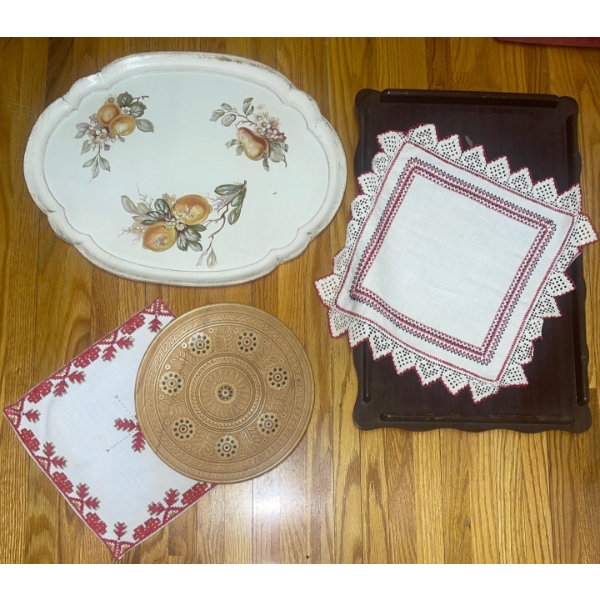 Serving Tray And Glass Dish W/ Traditional Table Runner