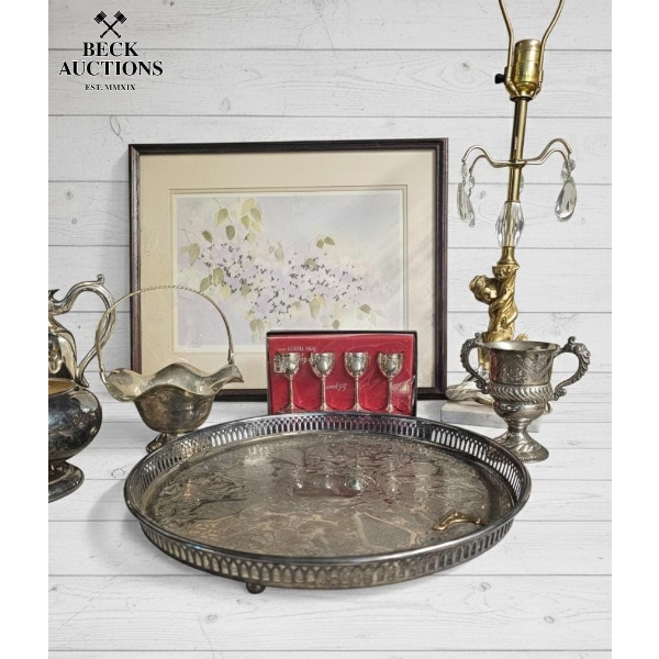  Collection Of Vintage Silver-Plated Items, Including A Round Serving Tray With Etched Designs, 