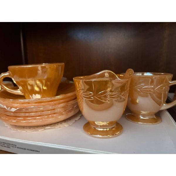  vintage Anchor Hocking Fire-King Peach Lustre  6 tea cups with matching plates and cream and sugar.