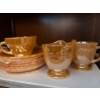 Image 1 :  vintage Anchor Hocking Fire-King Peach Lustre  6 tea cups with matching plates and cream and sugar.