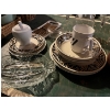 Image 2 :  collection of plates, wine, glasses, tea pot, and two decanters
