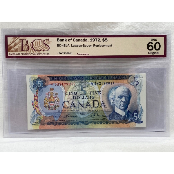 Graded Canadian 1972 $5 UNC Prefix: *SW