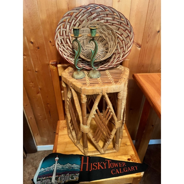 Wicker stool or plant stand, 2x wicker bowls, a felt flag ( husky tower Calgary) and Antique Art Nou