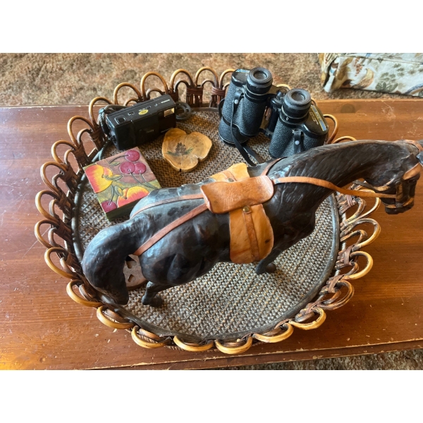 Horse Sculpture H10" L 15" With Vintage Tasco Binoculars Olympus Camera & Wicker Serving Tray 
