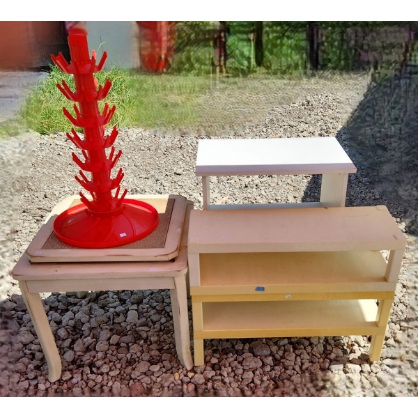 Utility Furniture Incl: Side Table 24 W, 24 D, 21 T, Display Stand 26.5 T, Shelf 30 W, 10 D, 23 T