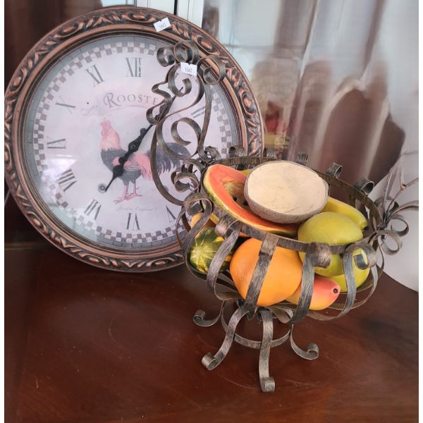 Rooster Clock and Decorative Metal Chicken Bowl