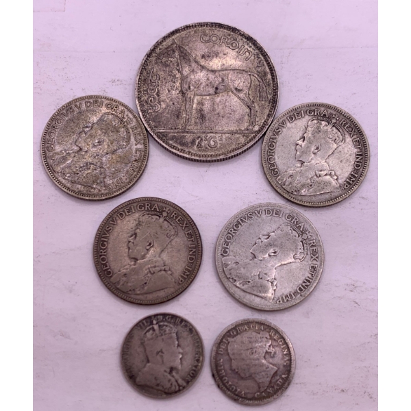 1941 Ireland 1/2 Crown, 1934/33/29 Canadian Quarter Dollars & 1899, 1906 Canadian Dimes 
