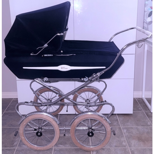 Vintage 1979 Pram with Chrome Frame and Navy Canopy