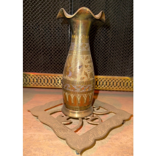 Vintage Hand Etched Indian Solid Brass Hand Painted Vessel/Vase with Trivet  7" tall
