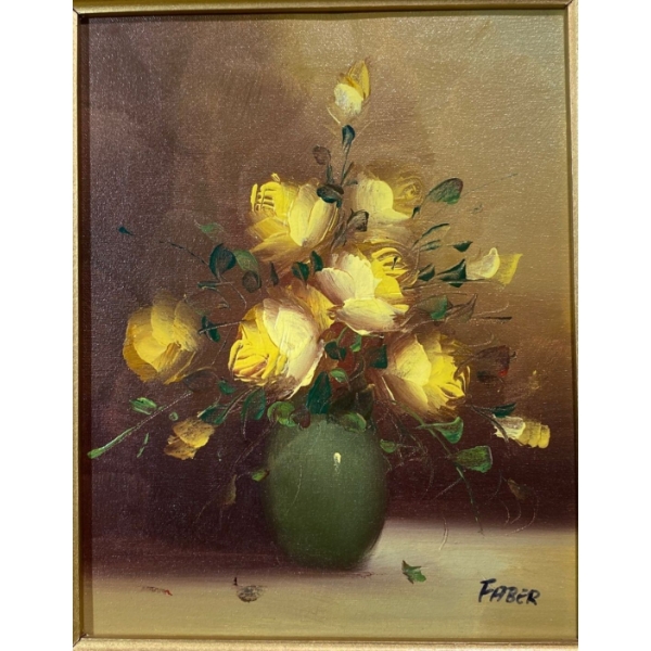 Original Oil Painting on Canvas " Yellow Roses" Signed FABER 