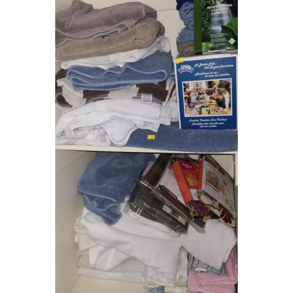 Contents of Linen Closet Including: Towels, Bedding, Leather Care Kit 