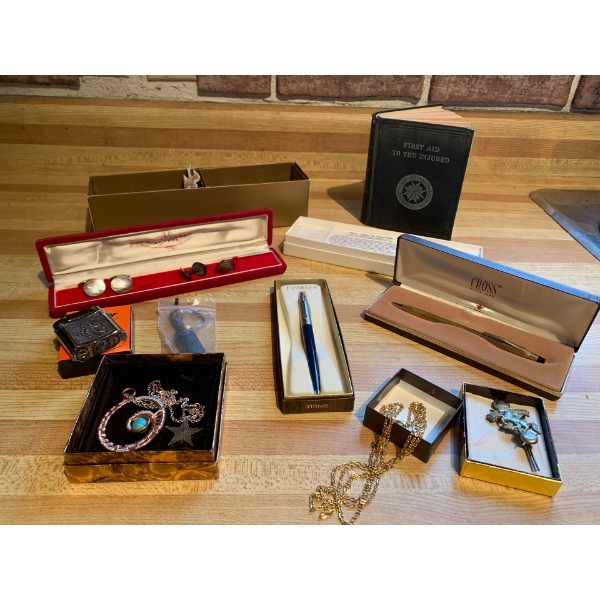 Vintage Cuff Links, Lighter, Pens, Collection of Pins, Jewelry and More!