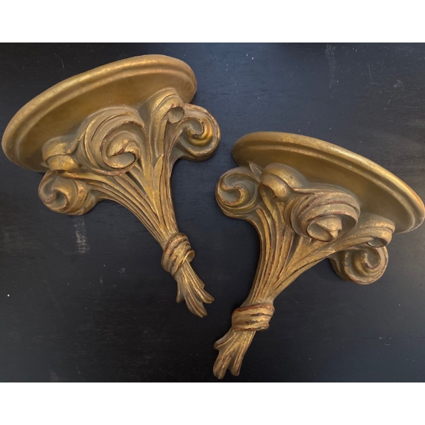 French Golden Gilt Ceramic Wheat Wall Shelves 8"Tall