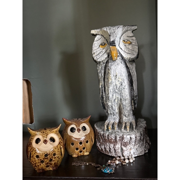 Decorative Owl Collection #4 -  Hand Carved & Painted Wood Own By Zim (20T) w/ Costume Jewelry, More