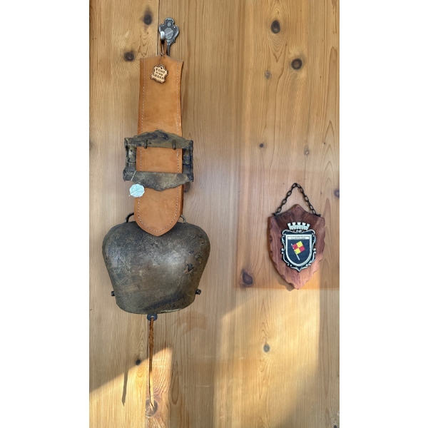 Vintage Rustic Metal Cow Bell Attached to Leather Strap & German Crest