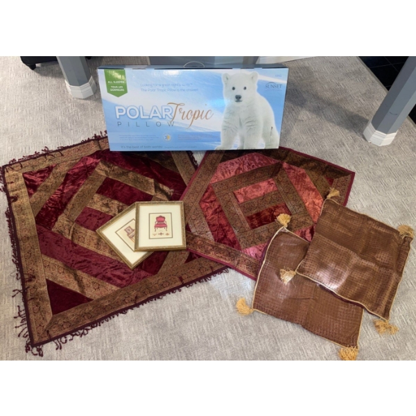 New Polar Tropic Pillow w/ Beautiful Tasseled XL Pillow Covers & Gold Gilt Wall Art 11x11