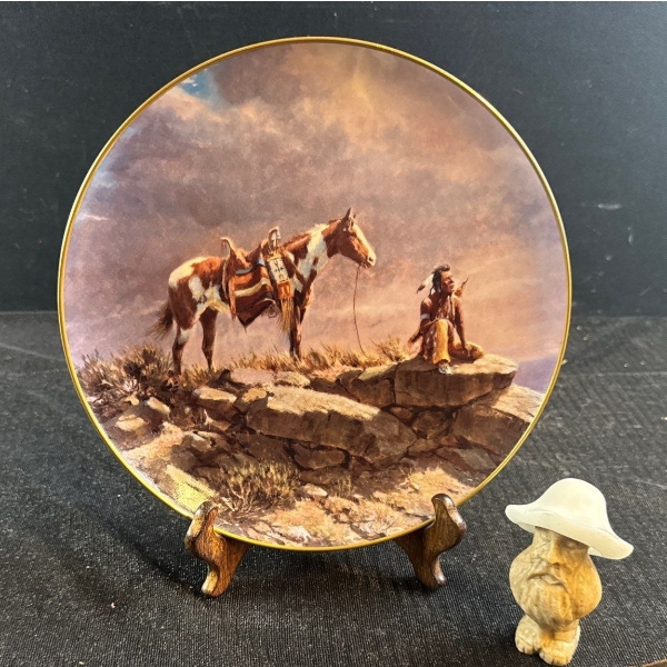Decorative Plate-"Buffalo Scout", and Stone Carving Little Guy in Hat