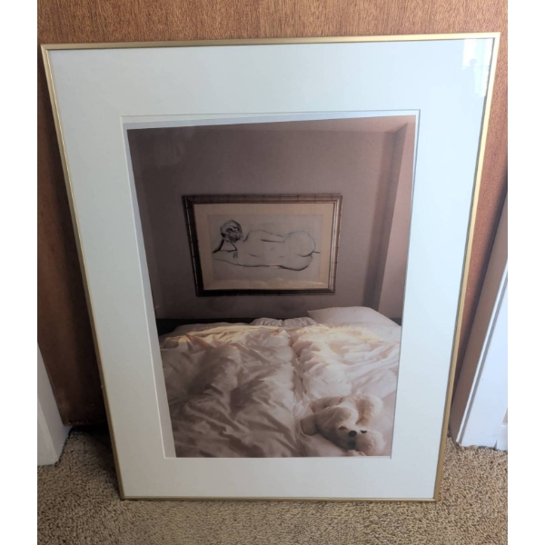 Framed Art Print Featuring Nude Sketch & Plush Dog On Bedding