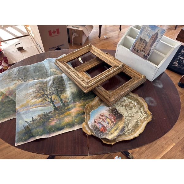 Antique Gold Gilt Frames Oil On Canvas Art Pieces Italian Tray & Decorative Plate