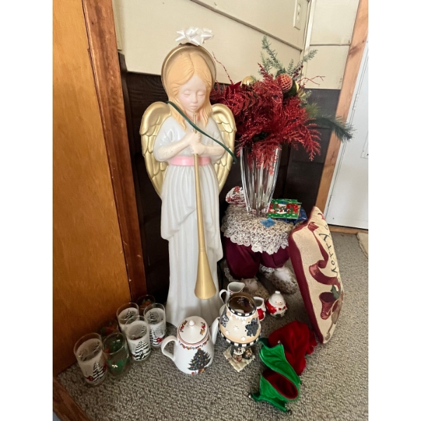 Electric vintage angel blow mold, Christmas glassware, winter themed faux flowers/decor. Small stand