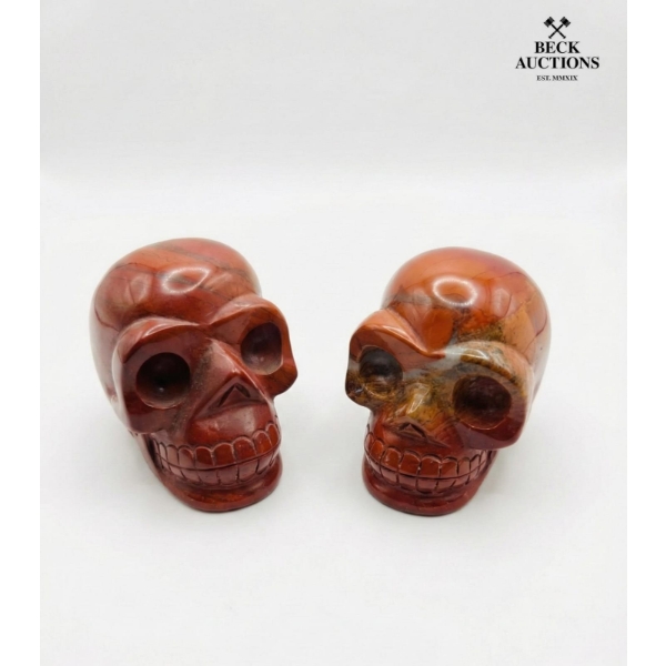 2 hand-carved Red Jasper Crystal skulls. 3 IN T